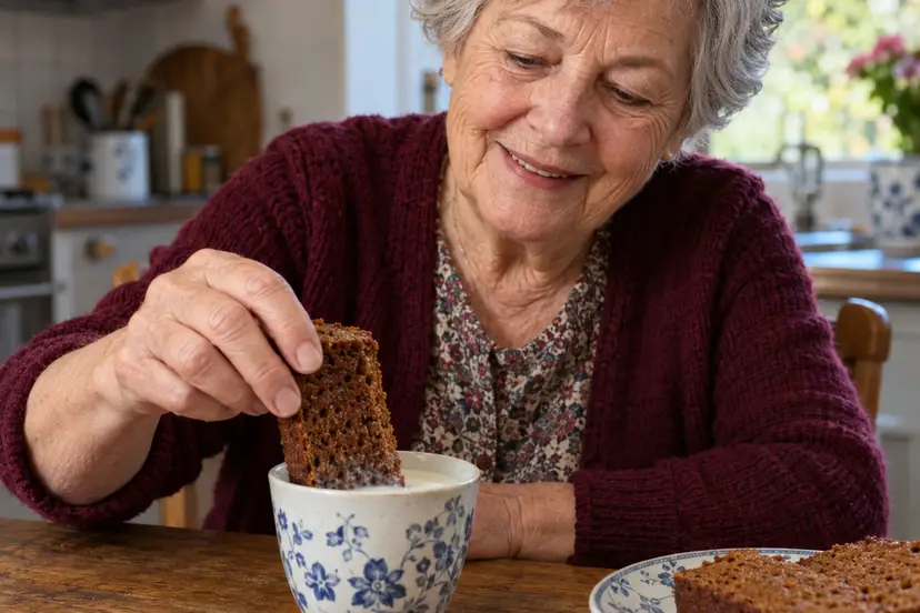 Oma doopt peperkoek in melk