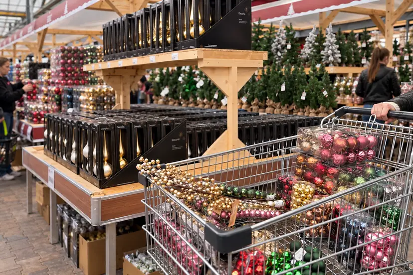 Kerstdrukte met een volle decoratiekar