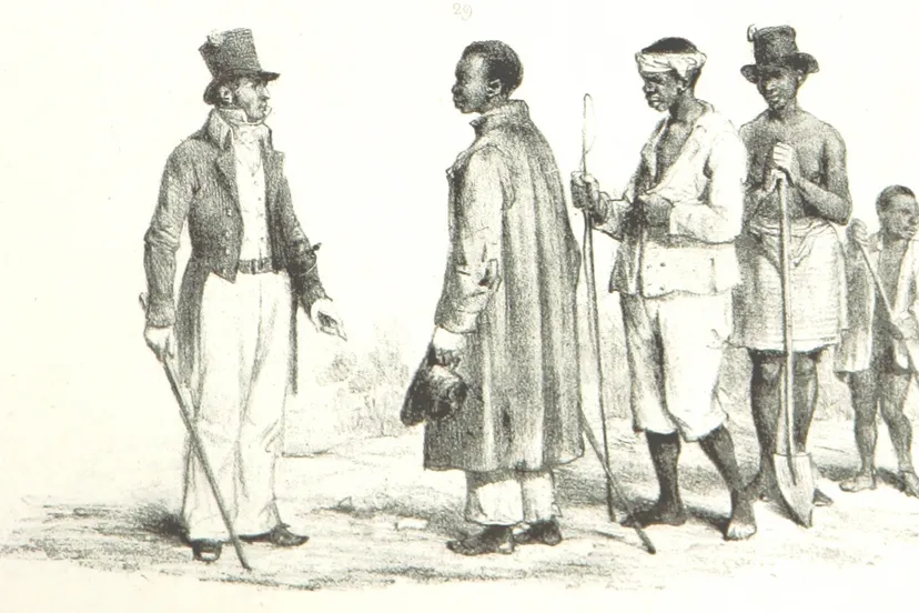 sr183u 29 een poliieagent twee bastiaans of slavengeleiders een gouvernementsslaaf