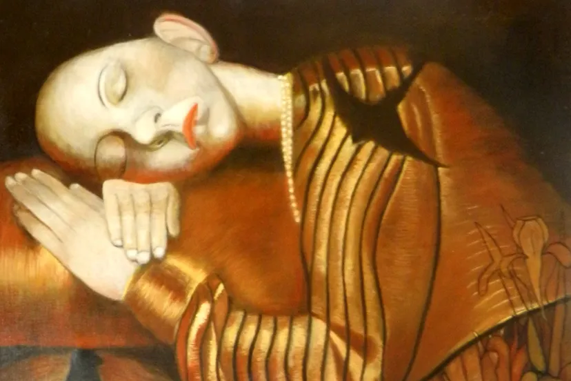 1407 sleeping girl on golden cushions olieverf op linnen 60x100cm 2 002a