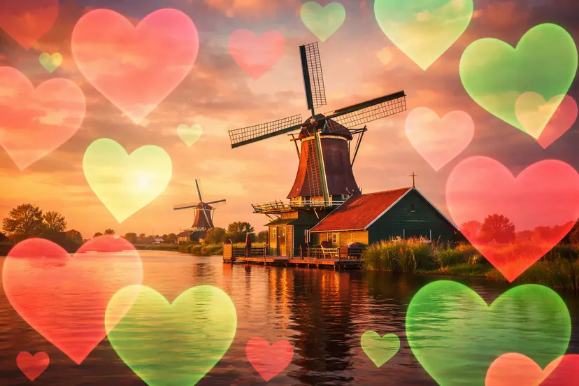 Windmolen en harten bij zonsondergang
