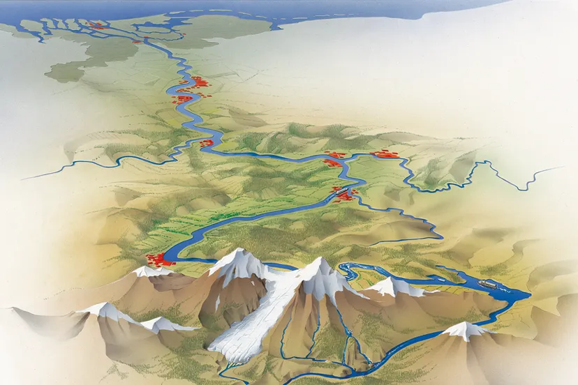 paul maas illustratie berglandschap met rivierenstromen