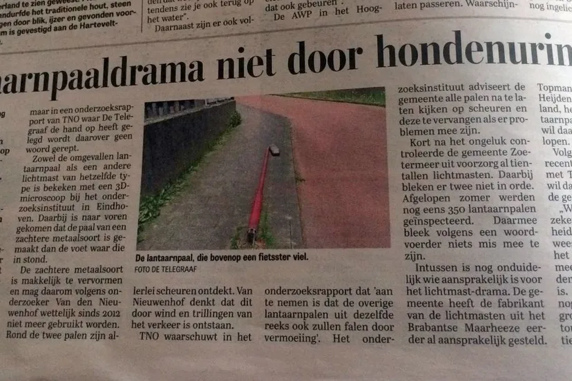 2016 11 03 artikel lantaarnpaaldrama niet door hondenurine de teleg