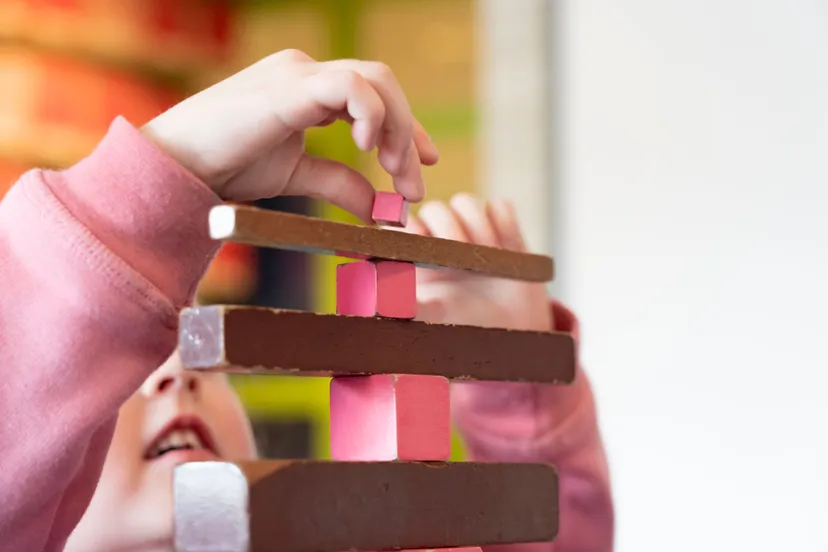 werken met roze toren en bruine trap16767