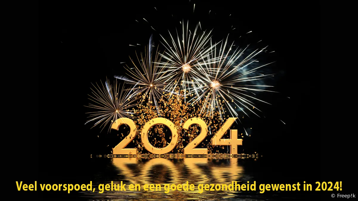 gelukkig nieuwjaar 2024 wenskaart met confetti en vuurwerk