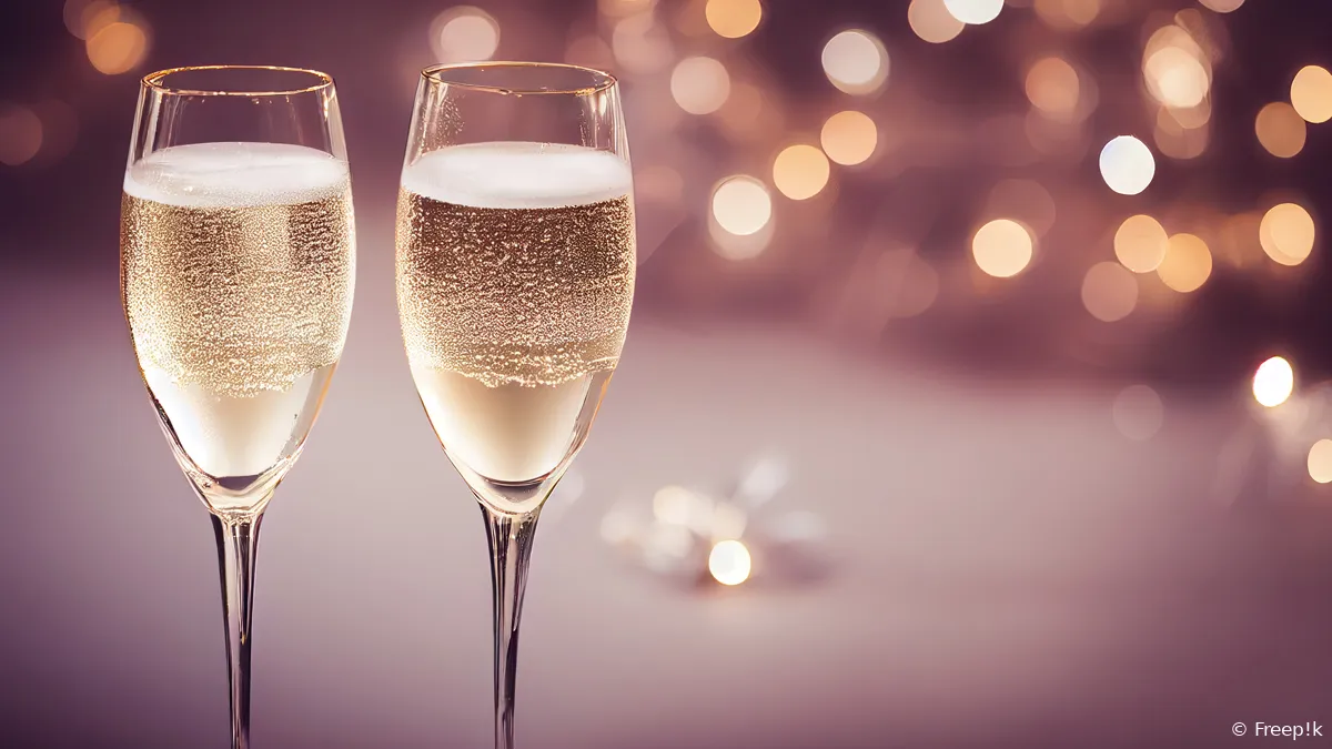 glazen champagne close up met gloeiende bokeh achtergrond nieuwjaar kerstkaart