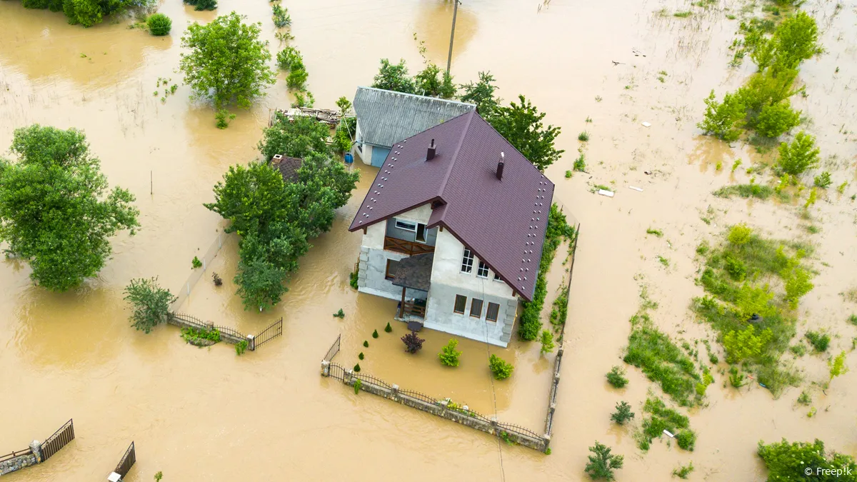 overstroomd huis en groene bomen