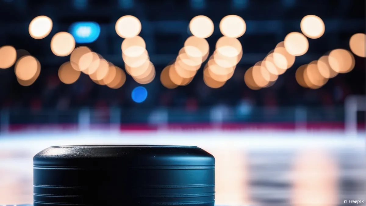 zwarte hockey puck op ijsbaan wazig verlichte nacht indoor sportarena