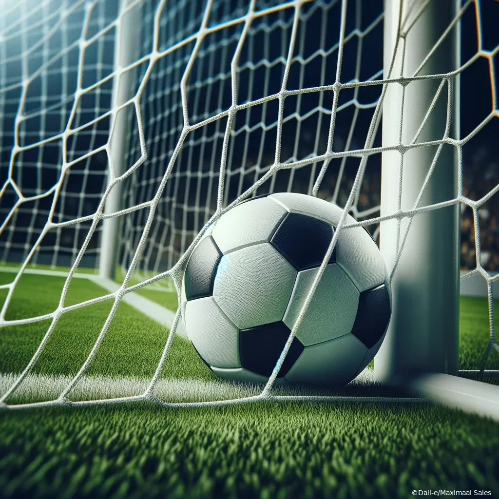dalle 2023 11 23 132712 an image of a soccer ball nestled into the corner of a goal net the goal is standard size with white netting and its situated on a well maintained