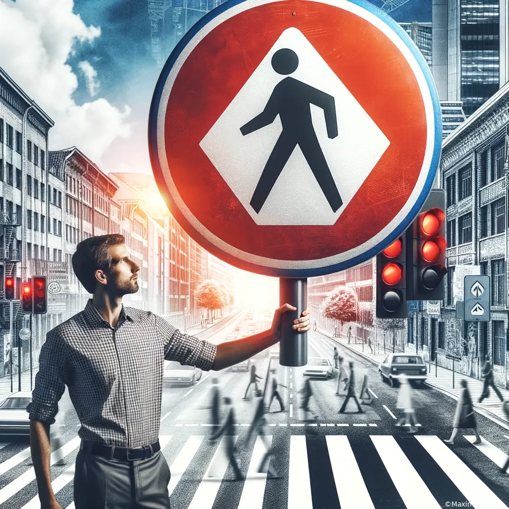 dalle 2023 12 14 075119 a conceptual artwork titled verkeersveiligheid in zijn hemd the image features a man wearing a checkered shirt holding a red traffic sign that sym