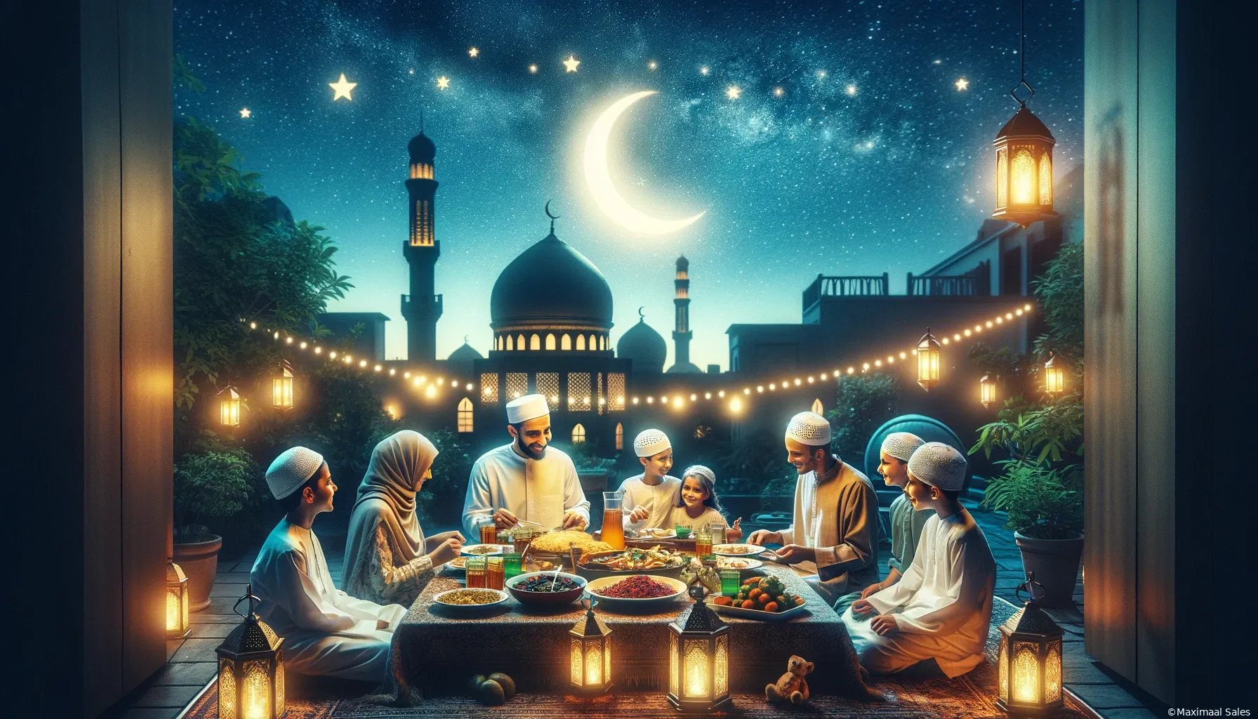 dalle 2024 03 12 154211 create an image that captures the essence of ramadan showcasing a peaceful evening scene with a crescent moon visible in the starry night sky in the