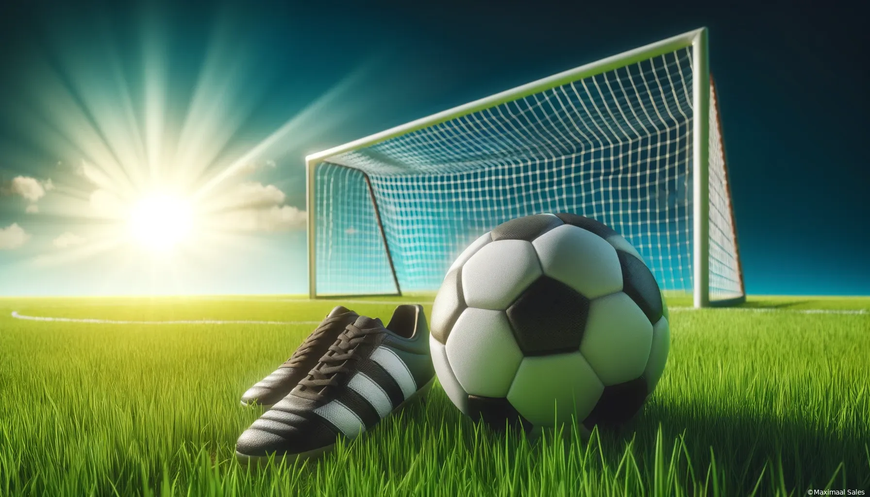dalle 2024 05 06 100231 a vibrant soccer scene with a lush green grass field under a clear blue sky in the foreground a soccer ball rests on the grass next to a single soc