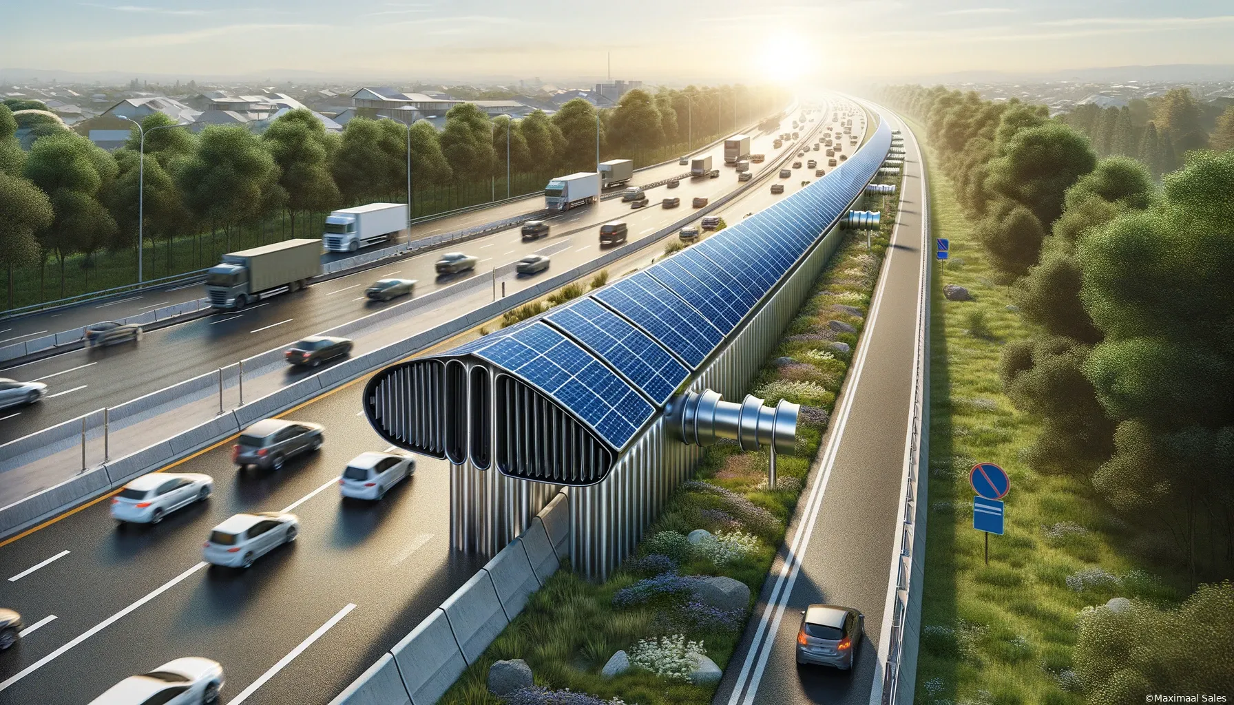 dalle 2024 02 22 082248 an innovative noise barrier along a highway equipped with solar panels on both sides this barrier is designed to reduce road noise while harnessing