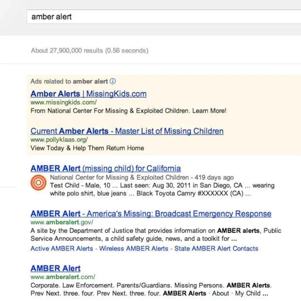 amber alert terug te vinden in google se