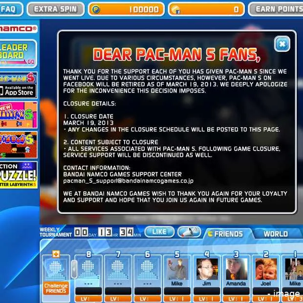 game over voor namco op facebook