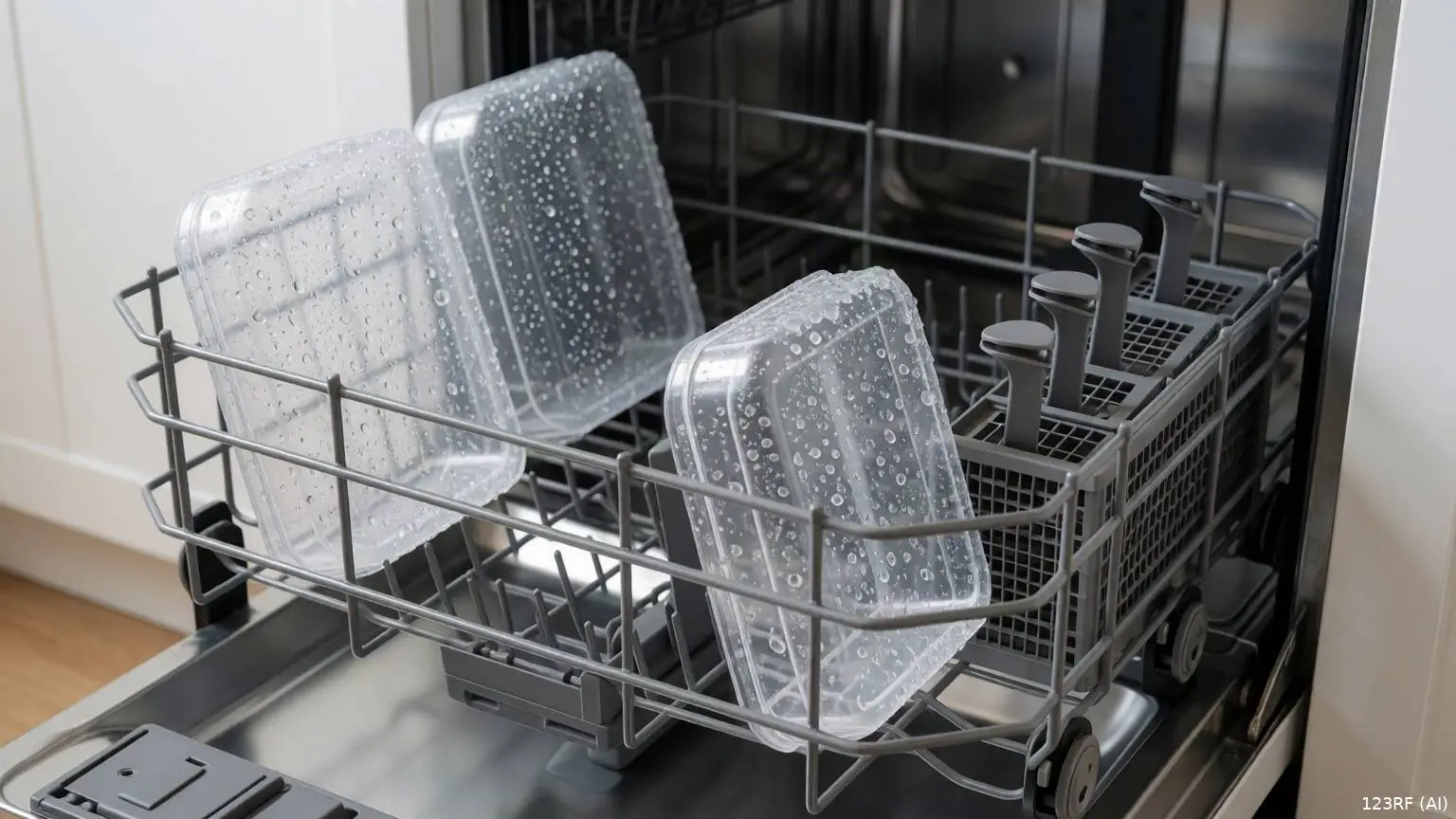 Plastic bakjes vol waterdruppels in het bovenrek van een open vaatwasser.