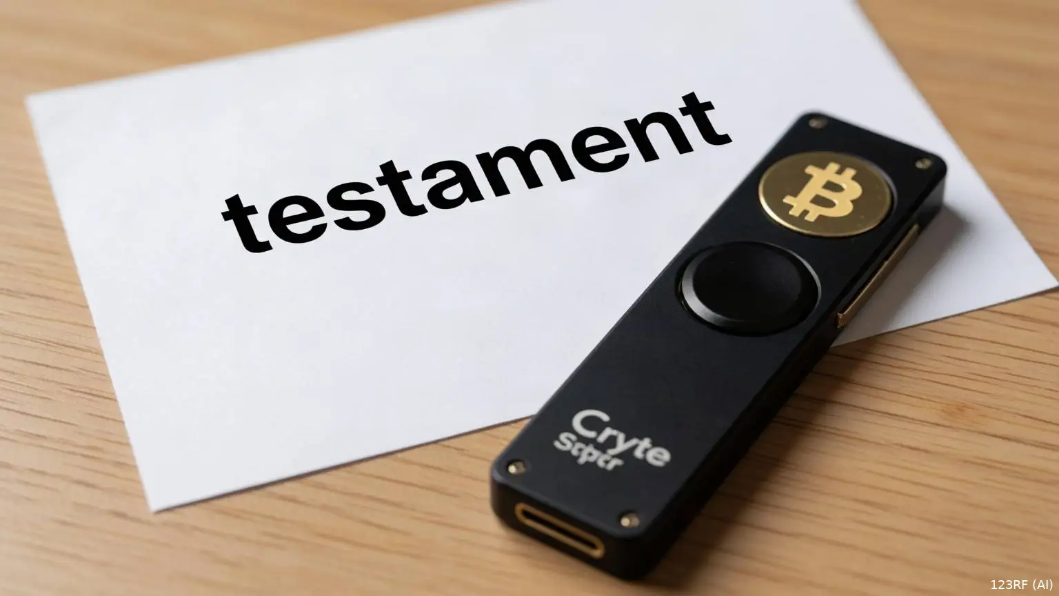 Een hardware wallet voor crypto ligt op tafel. ernaast een papier met 'testament' erboven