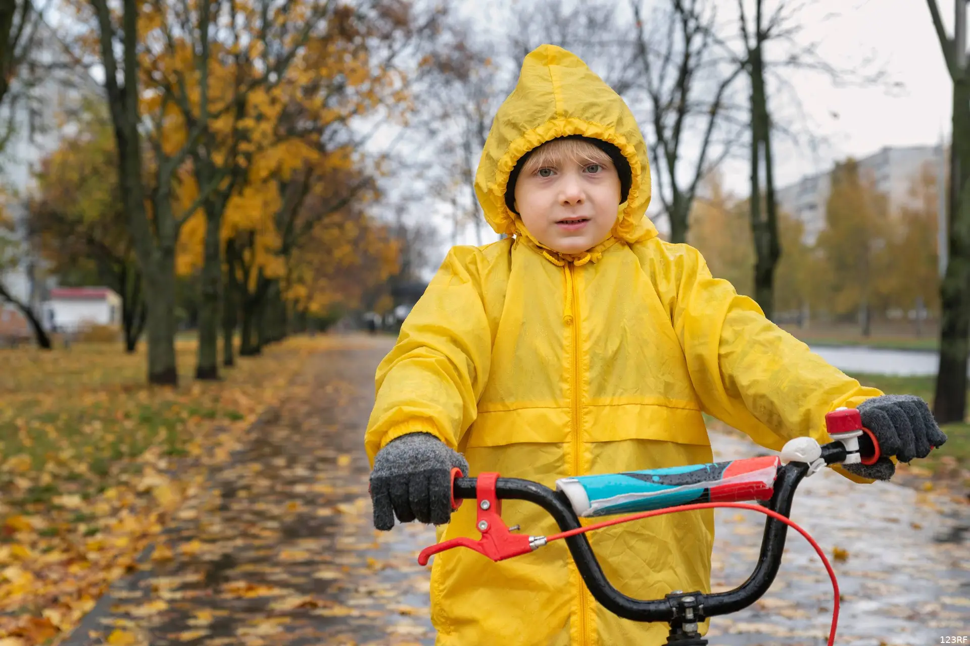 Portret van serieuze kleuter in gele regenjas. Jongen fietst in een herfstpark in de regen