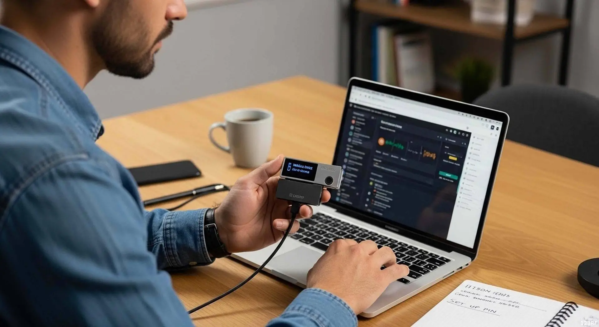 Een hand houdt een hardwarewallet voor cryptomunten vast naast een laptop op een bureau