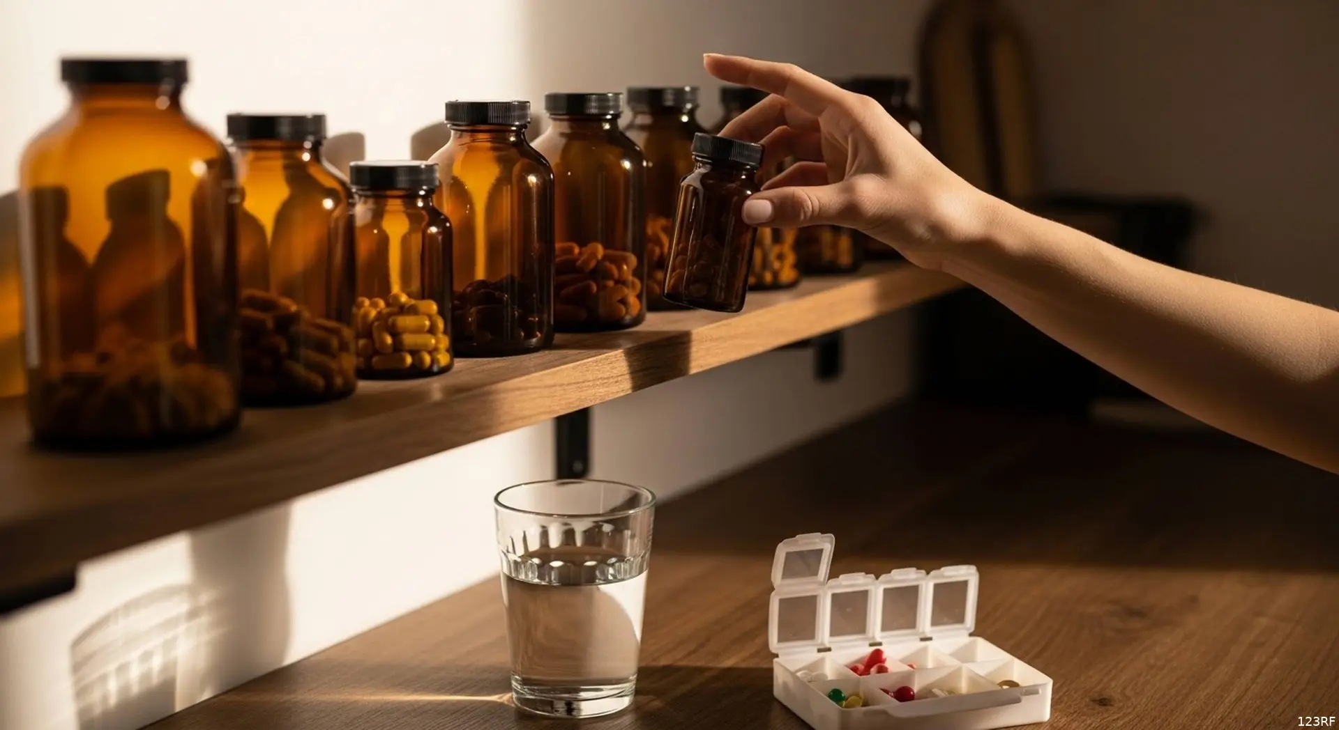 Een hand pakt een potje supplementen