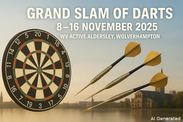 Grand Slam of Darts poster with dartboard, darts, and event details for 8–16 November 2025 in Wolverhampton