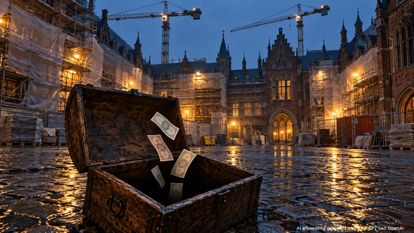 Historische binnenplaats in steigers met bouwkranen en geld dat in een put verdwijnt, over de kosten van de Binnenhofrenovatie