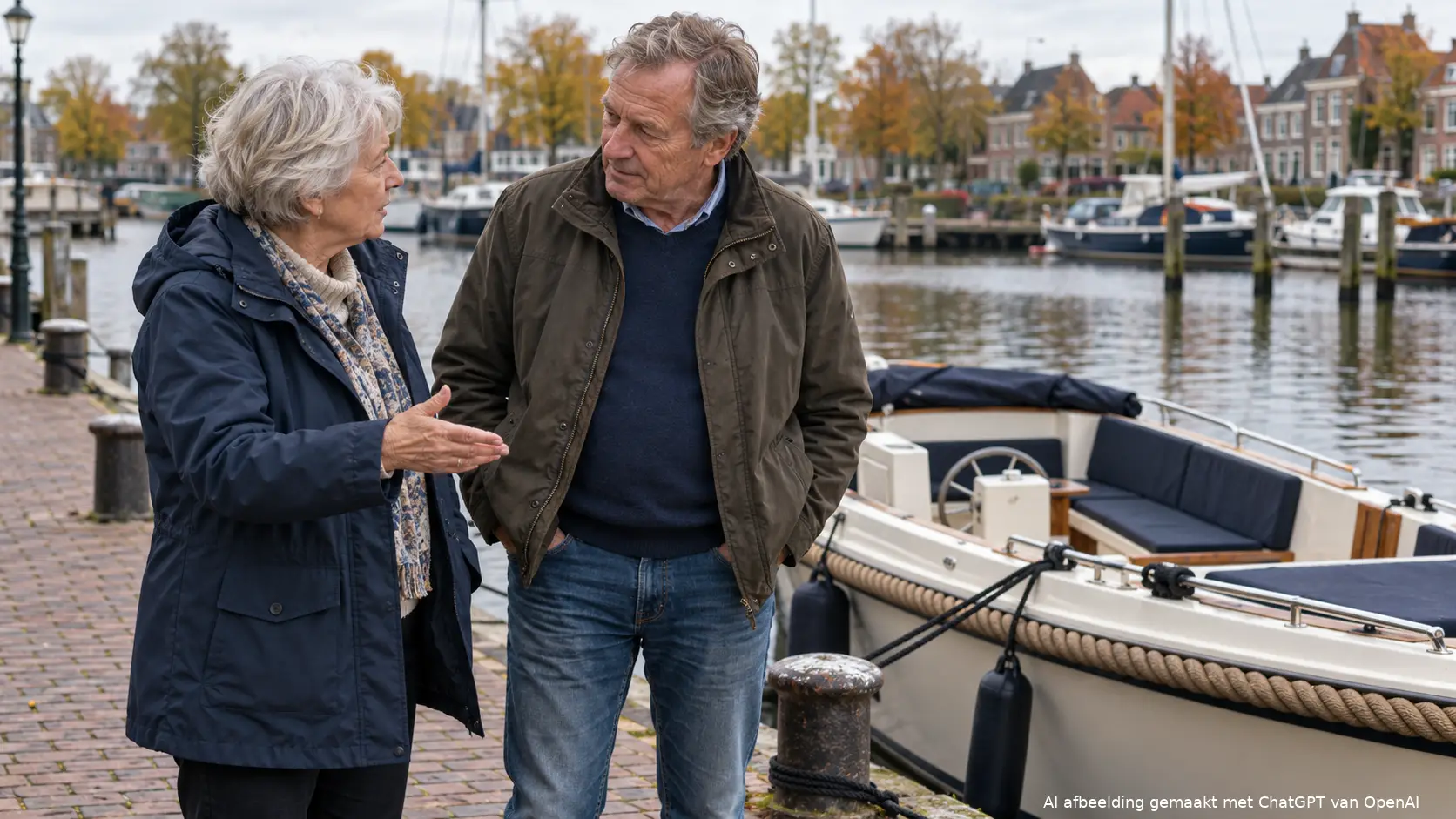 Stel van rond de zeventig overlegt op de kade naast hun aangemeerde sloep in een Nederlandse haven.