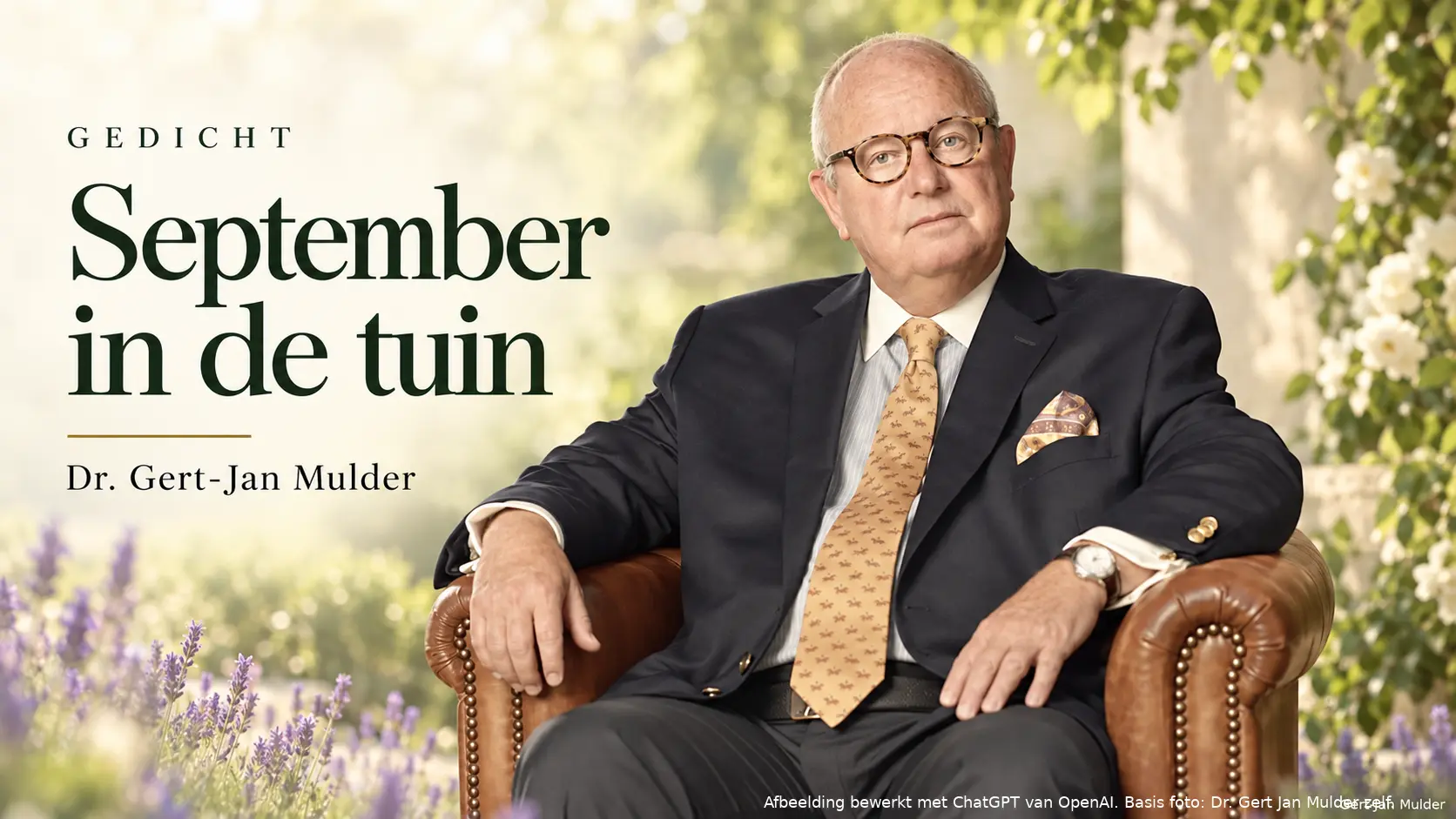 Portret van dr. Gert-Jan Mulder tegen een lichte tuinachtergrond bij zijn gedicht ‘September in de tuin’.