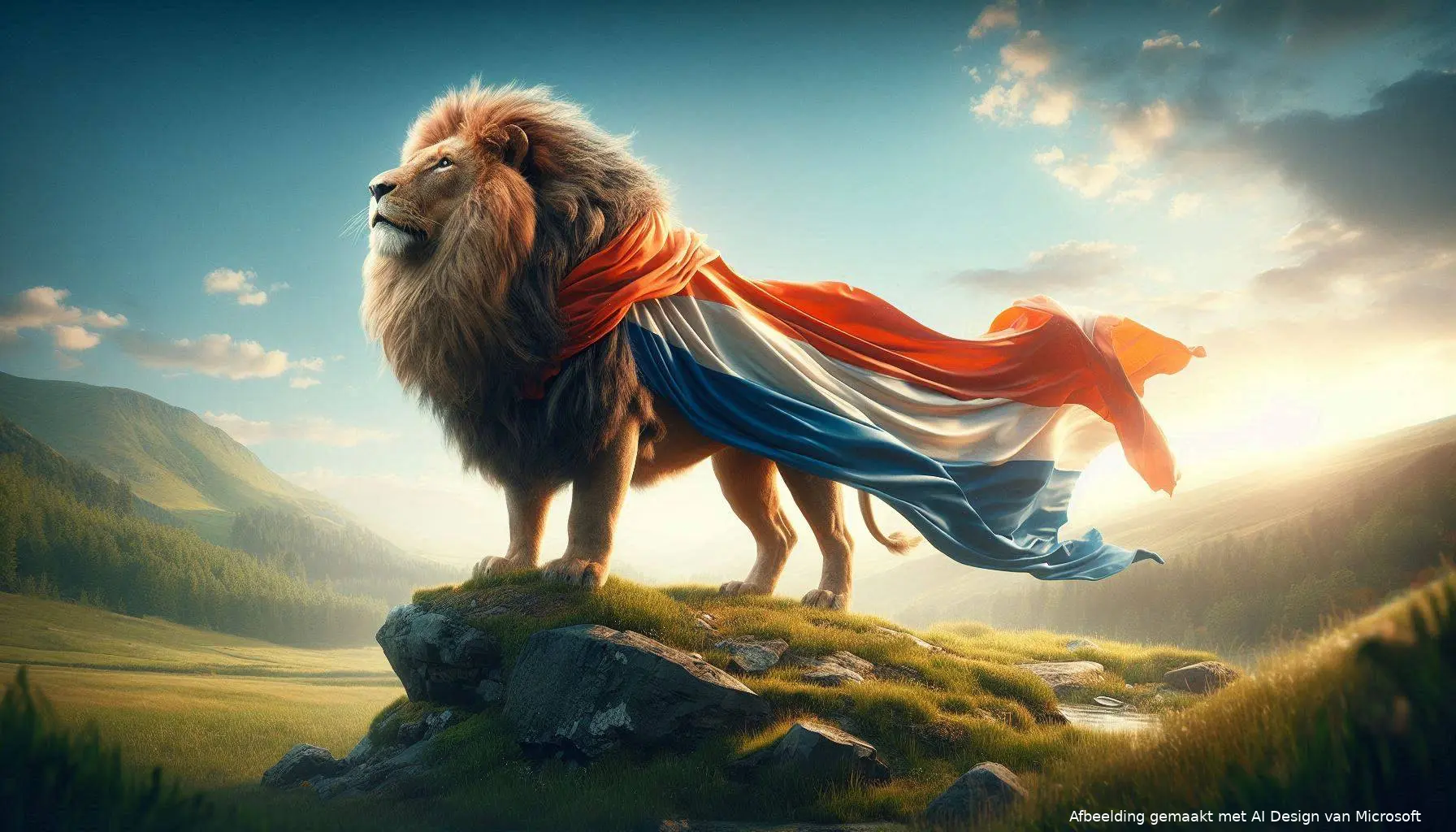 an image of a proud lion draped in a Dutch flag
