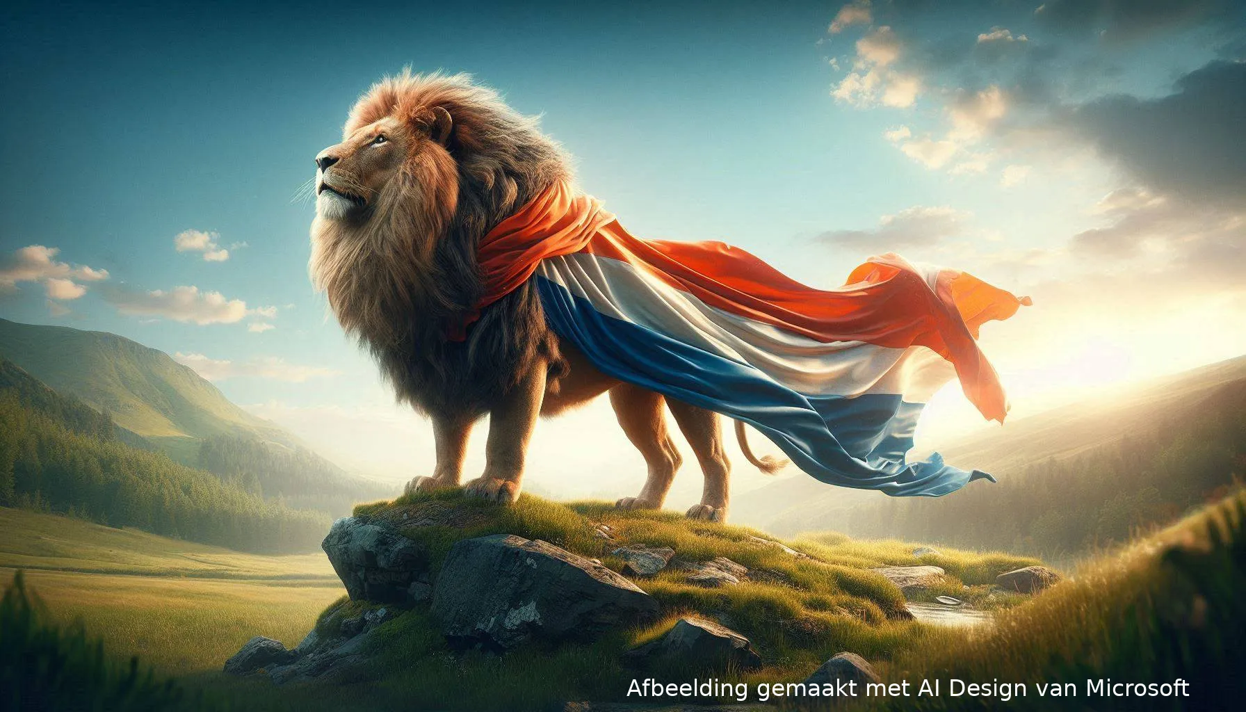 an image of a proud lion draped in a Dutch flag