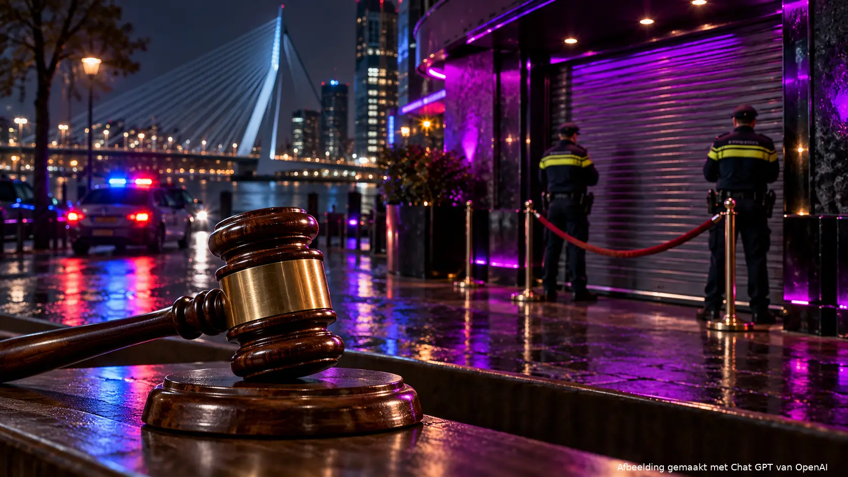 Een rechtershamer voor een gesloten Rotterdamse nachtclub, met agenten en zwaailicht.
