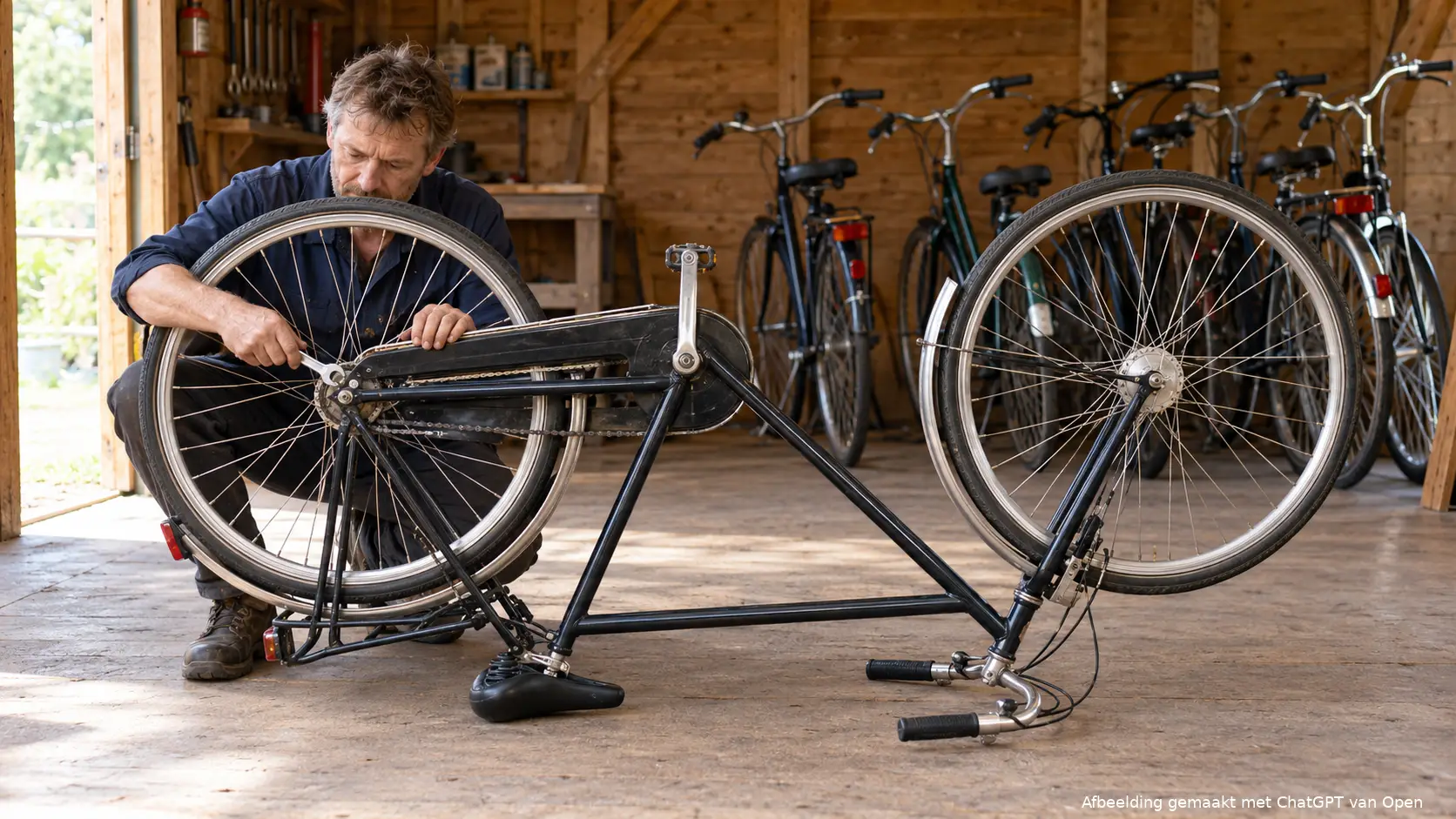 Man repareert met een steeksleutel het achterwiel van een omgekeerde fiets in een houten schuur.