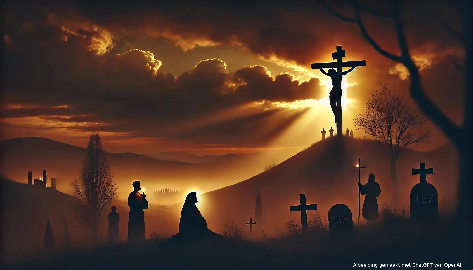 dalle 2025 04 18 110248 a solemn atmospheric scene of good friday a silhouette of jesus christ crucified on the cross atop a hill at sunset with a darkened sky and golden jpg