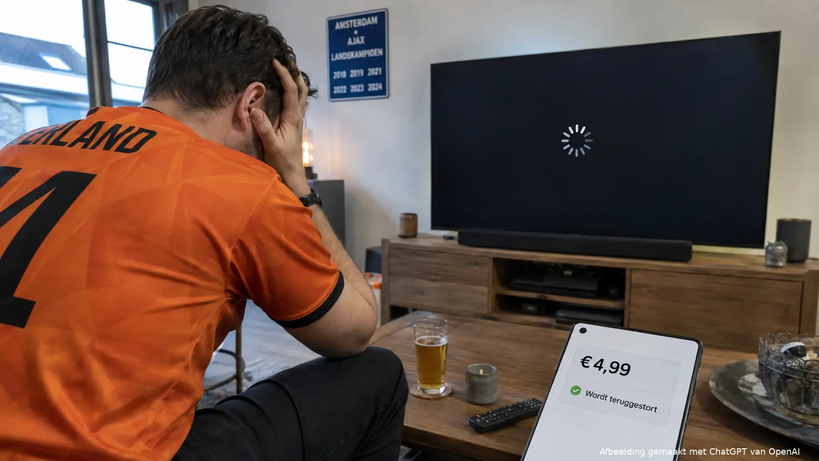 Een Ajax-supporter kijkt naar een vastgelopen KIJK-livestream en krijgt het betaalde bedrag van €4,99 terug