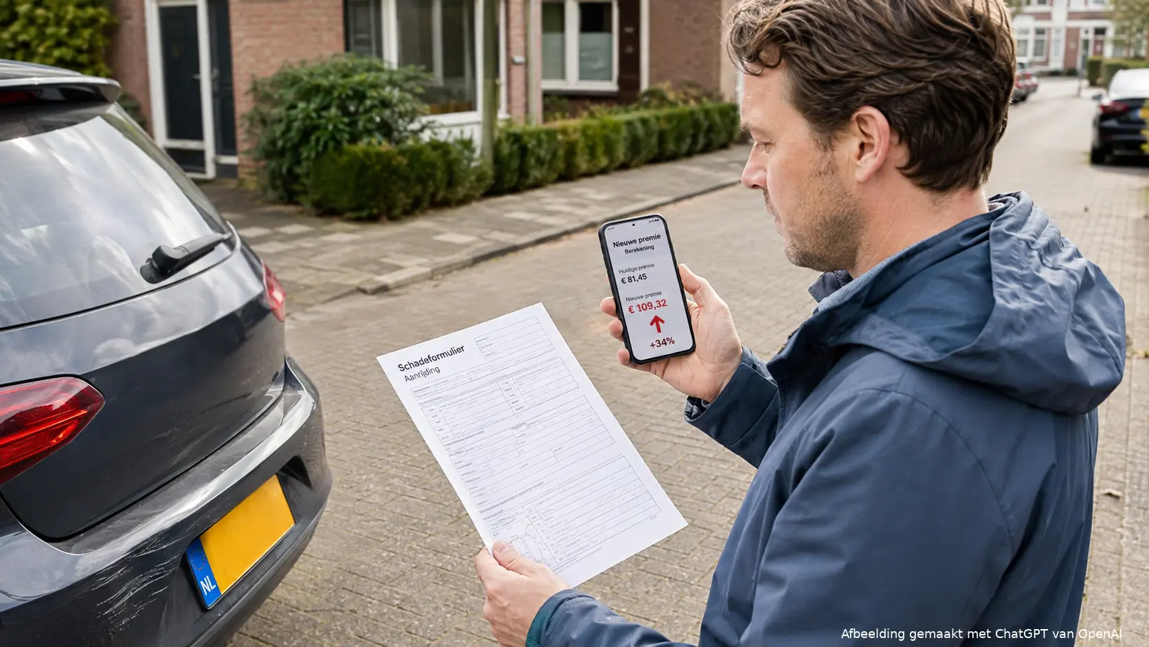 Een automobilist berekent of hij een kleine autoschade beter kan claimen of zelf betalen