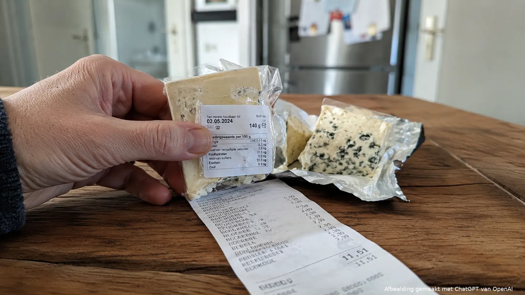 Een consument controleert de houdbaarheidsdatum van teruggeroepen Gorgonzola Dolce van Jumbo
