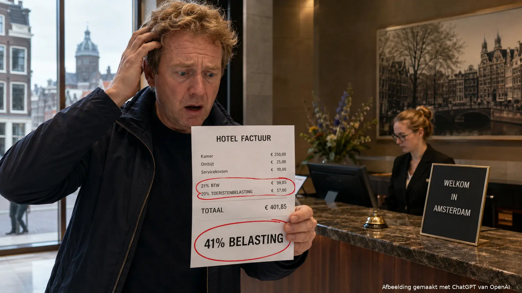 Een hotelrekening in Amsterdam met in totaal 41 procent belasting