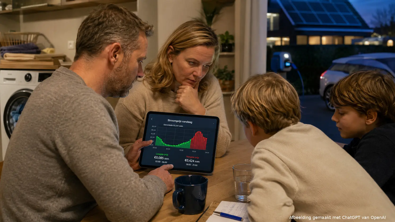 Een huishouden bekijkt de wisselende stroomprijzen van een dynamisch energiecontract