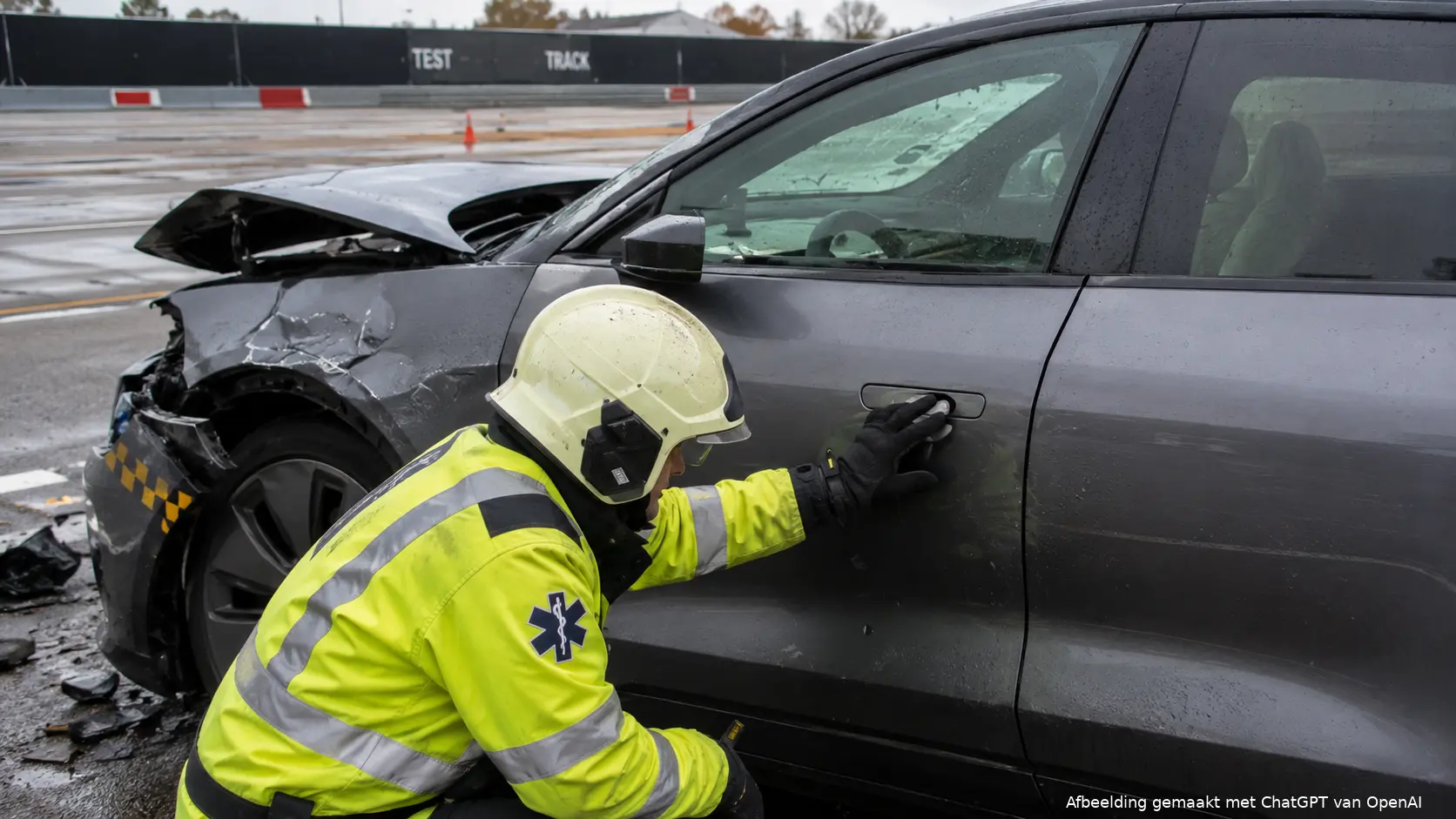 Een hulpverlener probeert na een botsing de verzonken elektronische deurgreep van een moderne elektrische auto te openen