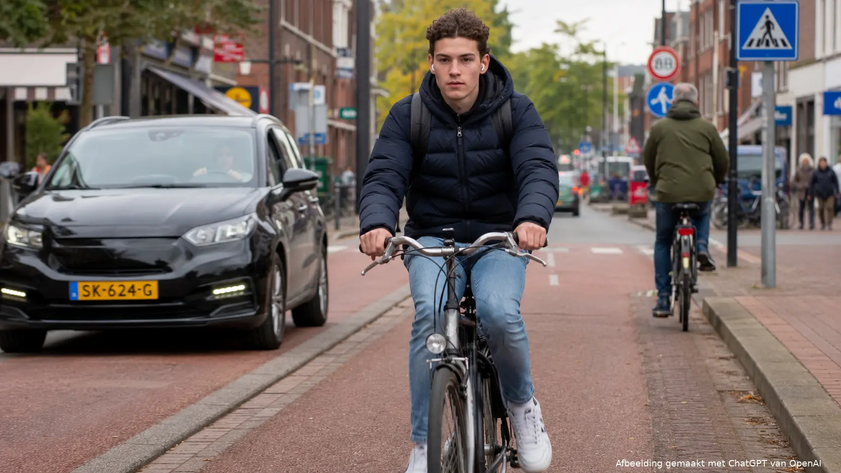 Een jongere fietst met draadloze oortjes door druk Nederlands verkeer
