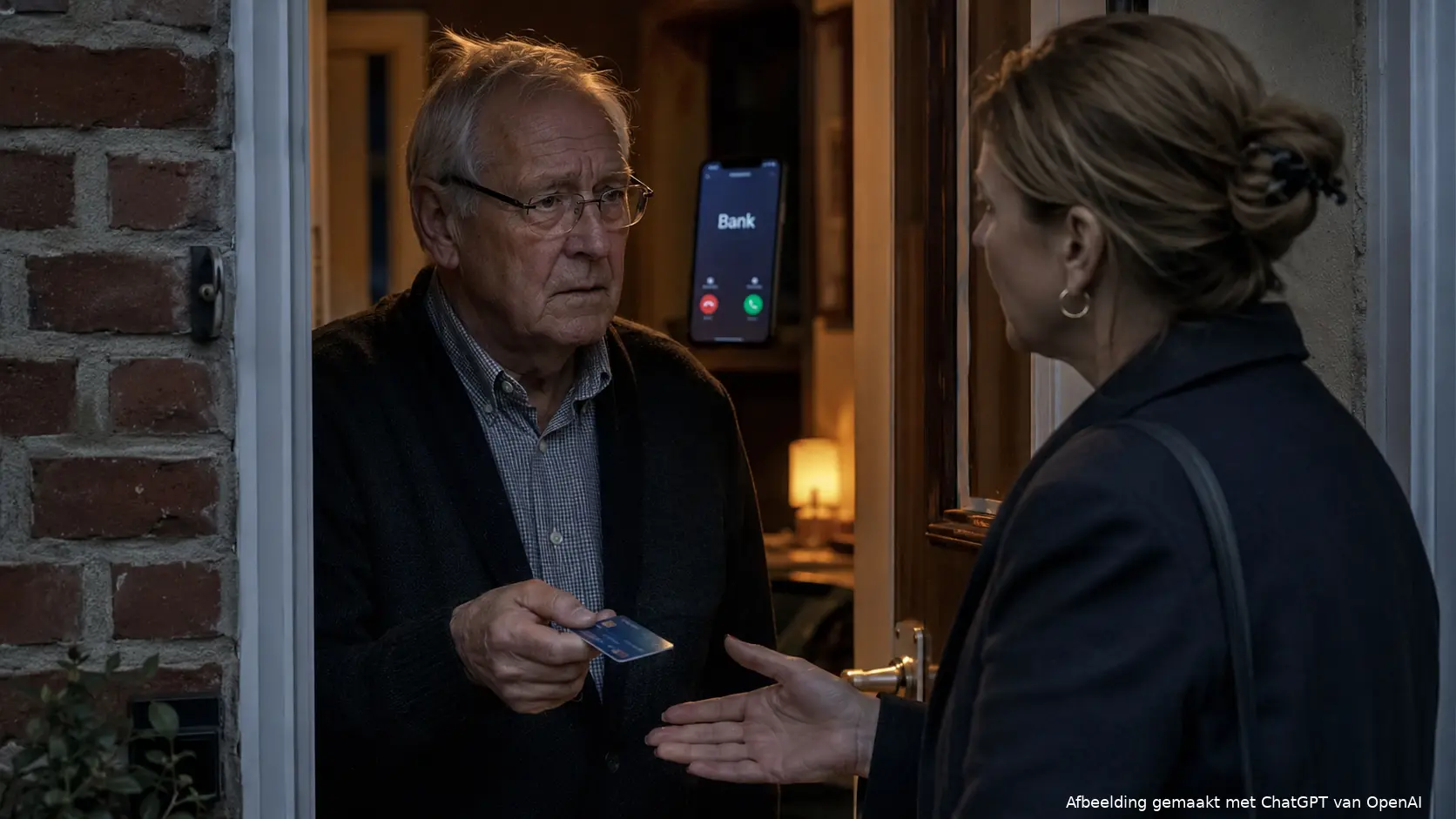 Een nepbankmedewerker probeert aan de deur de bankpas van een oudere man mee te nemen