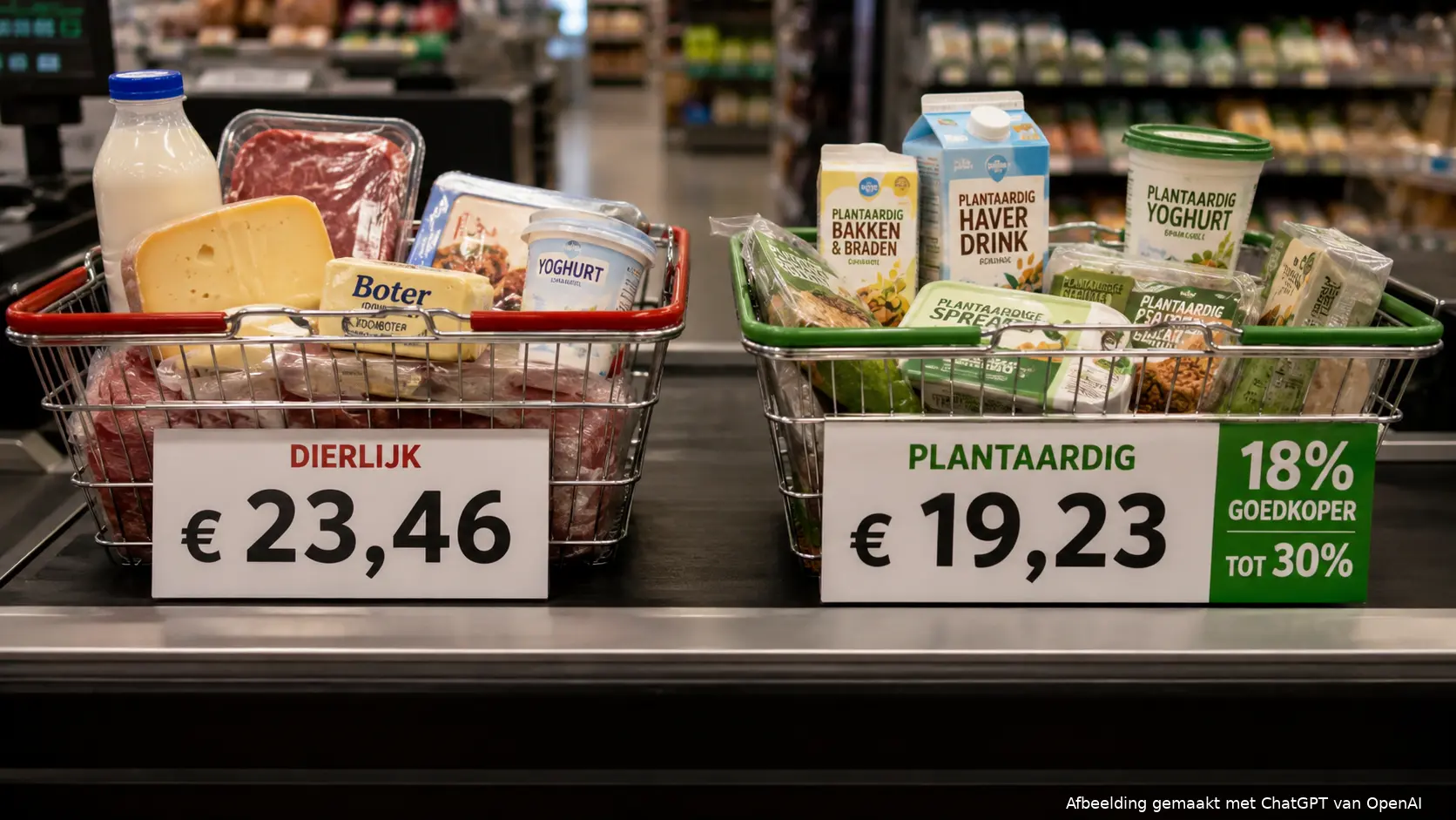Een plantaardig basisboodschappenmandje was in onderzoek gemiddeld 18 procent goedkoper dan het dierlijke alternatief