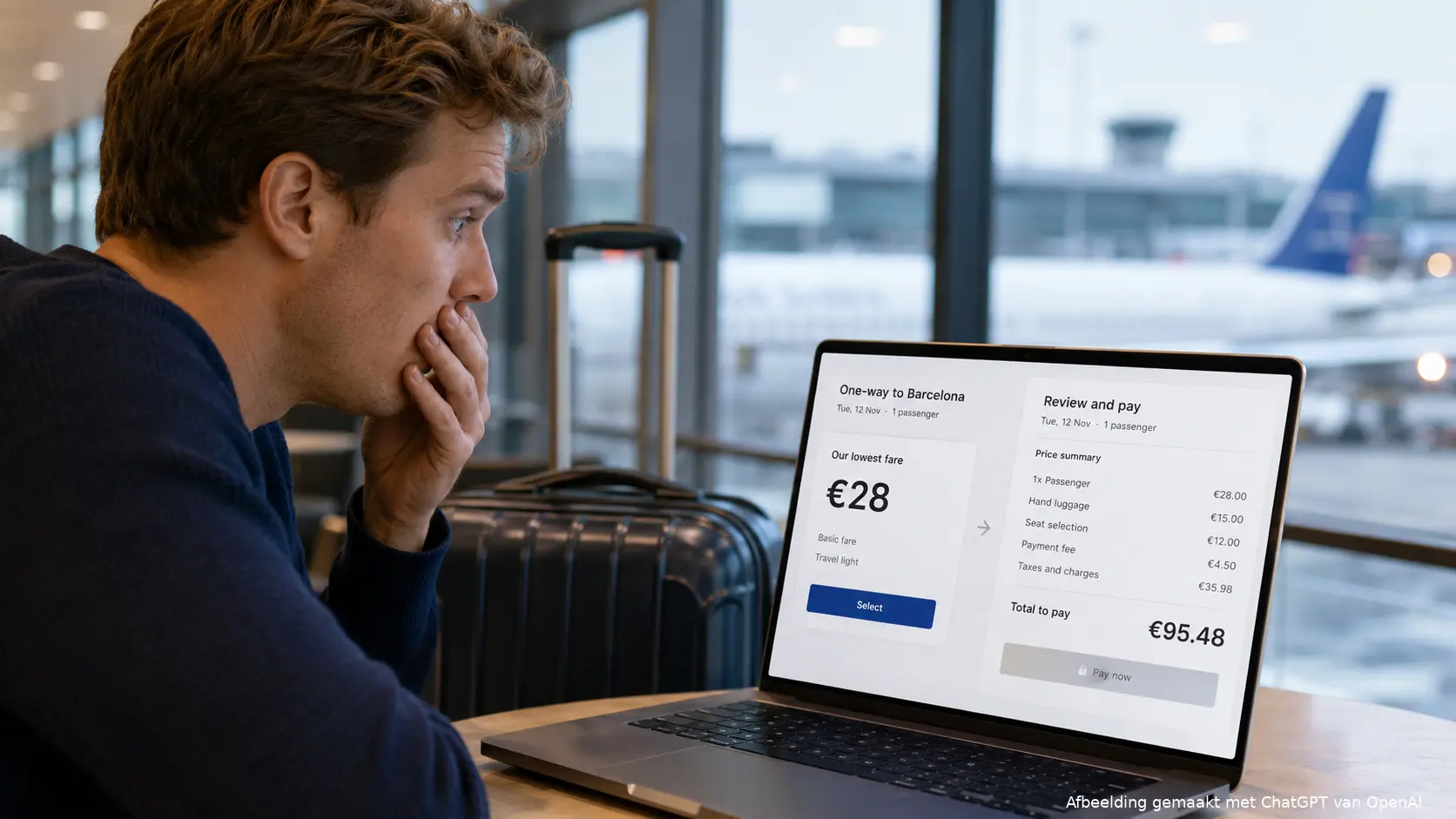 Een reiziger vergelijkt een geadverteerd vliegticket van €28 met een werkelijke prijs van bijna €100