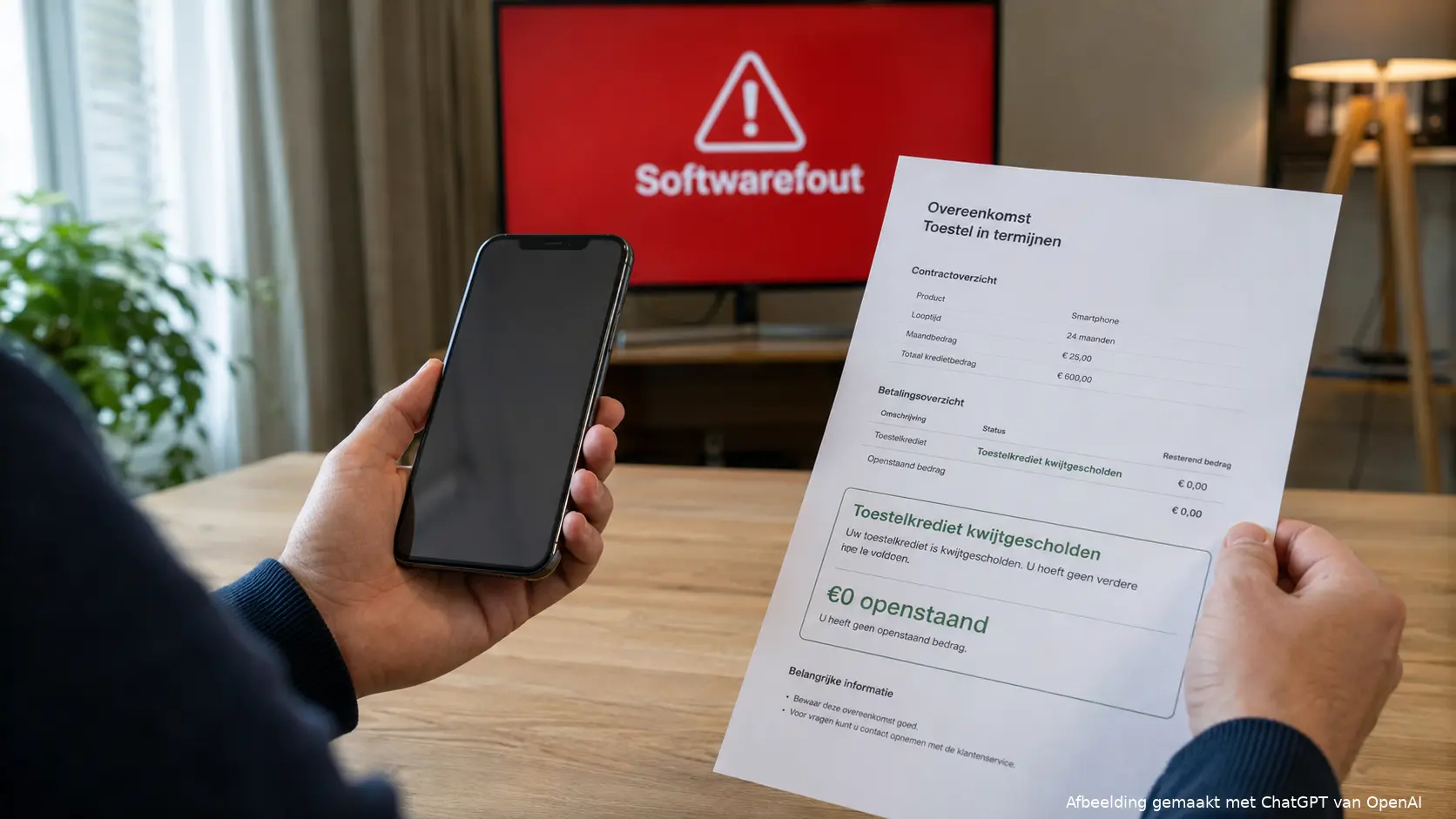 Een smartphone naast een kwijtgescholden toestelkrediet na een softwarefout bij Vodafone Financial Services