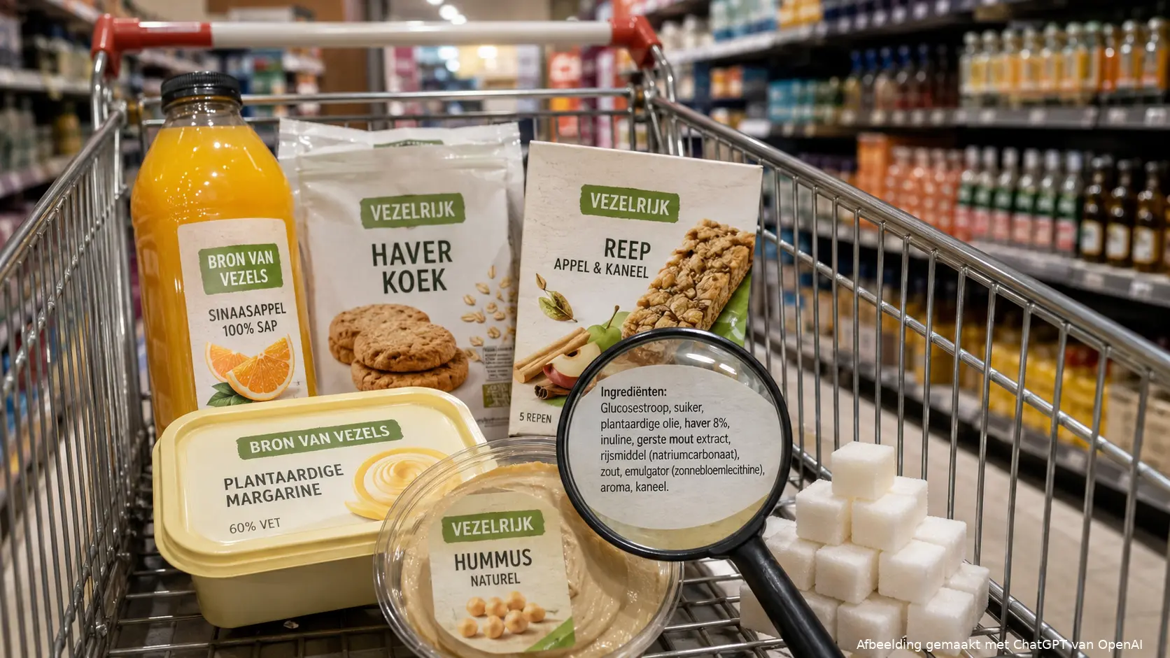 Supermarktproducten met vezelclaims liggen naast een stapel suikerklontjes