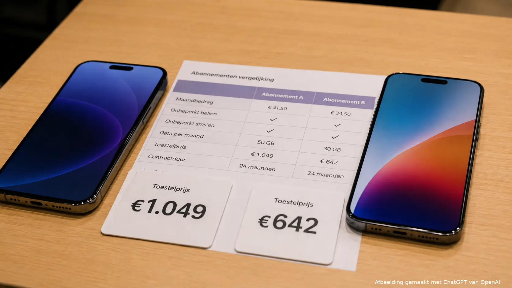 Twee smartphones worden vergeleken op prijs bij een tweejarig telefoonabonnement