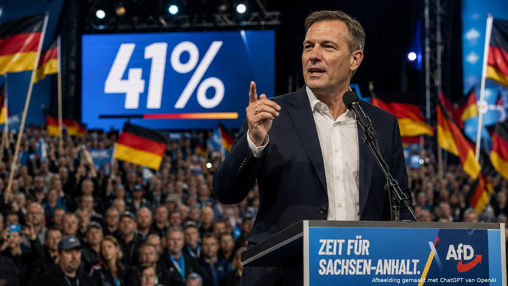 Ulrich Siegmund spreekt een uitzinnige menigte toe tijdens een AfD-bijeenkomst in Saksen-Anhalt
