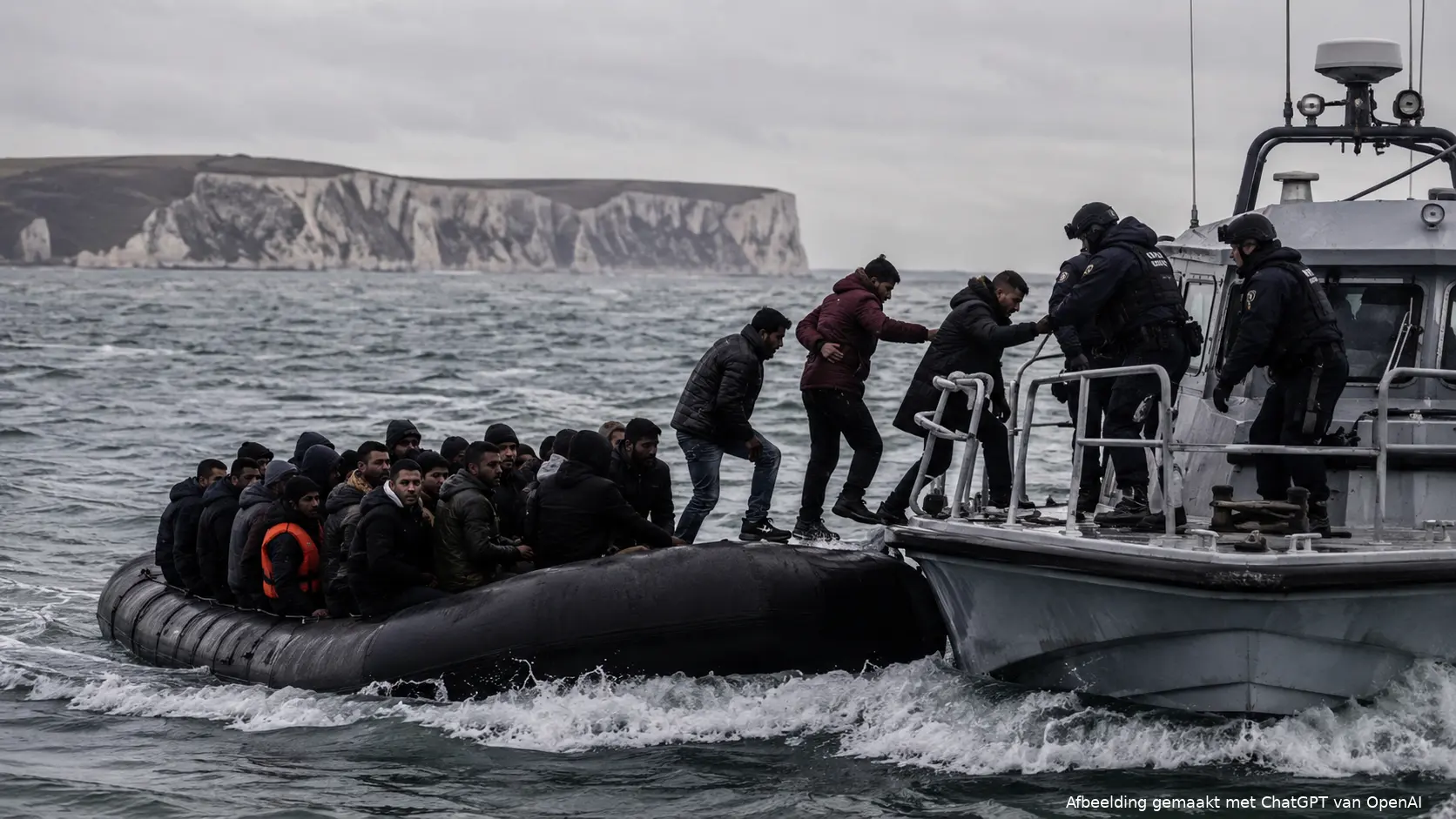 Vier mannen stappen van een migrantenboot over op een Frans patrouillevaartuig op het Kanaal