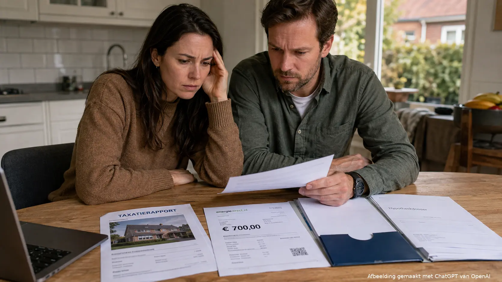Woningkopers bekijken een taxatiefactuur van €700 nadat hun hypotheekdossier onvolledig bleek