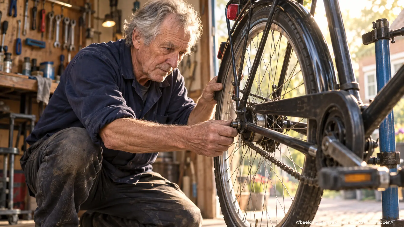 Illustratie van een oudere fietsenmaker die na zijn AOW-leeftijd betaald werk verricht.